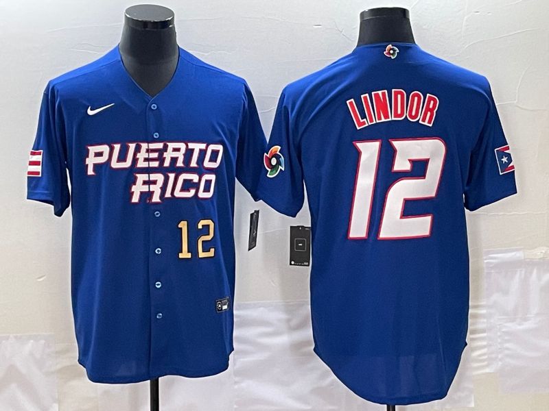 Men 2023 World Cub Puerto Rico #12 Lindor Blue Nike MLB Jersey5->more jerseys->MLB Jersey